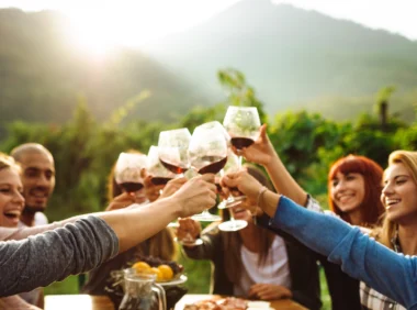 Amis faisant une dégustation de vin tous ensemble