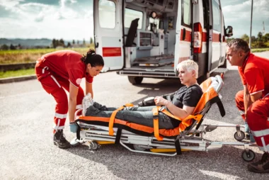 Ambulancier paramédical prenant soin d’une femme dans l’ambulance avec le bras cassé